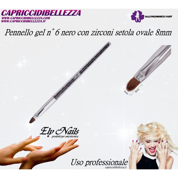 Pennello gel n° 6 nero con zirconi setola ovale lunghezza 8mm AlleLac